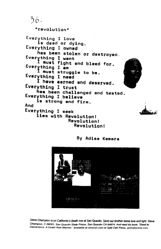 “revolution® [vutxthinfl 1 love s dead or dying. Everything I ouned has been stolen or destroyeo Ev.r*thlnw I want must fight and bleed for. Everything I am must struggle to be. Everything I need I have sarned and dessrved. Everything I trust has been challenged and tested. Everything I believe ie strong end firm. And Everything I seek ‘ lies with Revolution! Revolution! Revolution! By Adisa Kemara o Chaon o0 i et oo Son Qi Senur ot ey 101t S o, Caor o Gl G e o G CA 474 sk